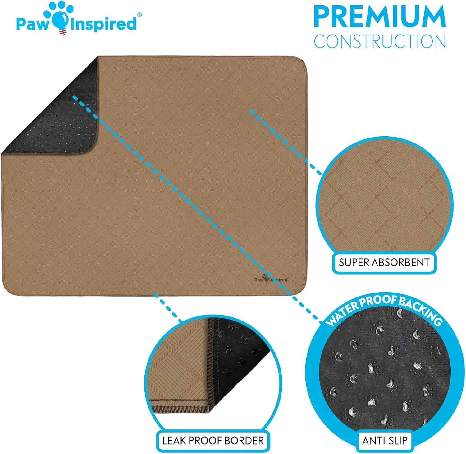 Paw Inspired Washable Pee Pads for Dogs | Leakproof, Non-Slip Reusable Puppy Pads for Potty Training, Whelping, Waterproof Mat (48x60 Size, Pack of 1)