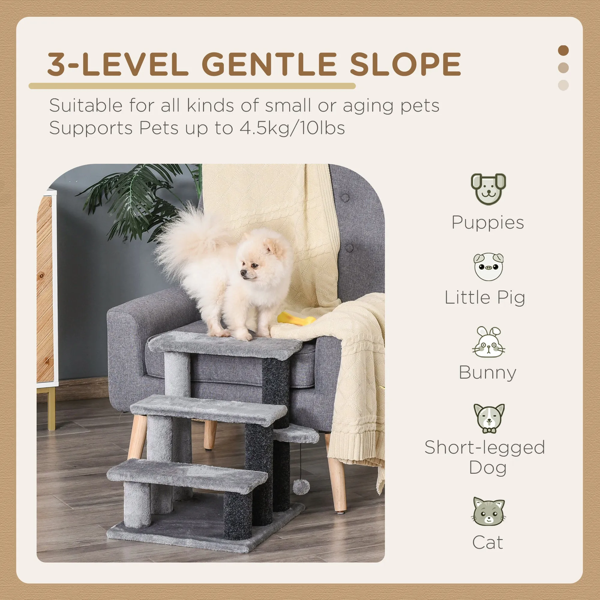 PawHut Pet Stairs with 3-step Stair, Scratching Posts, Platforms, Toy Ball