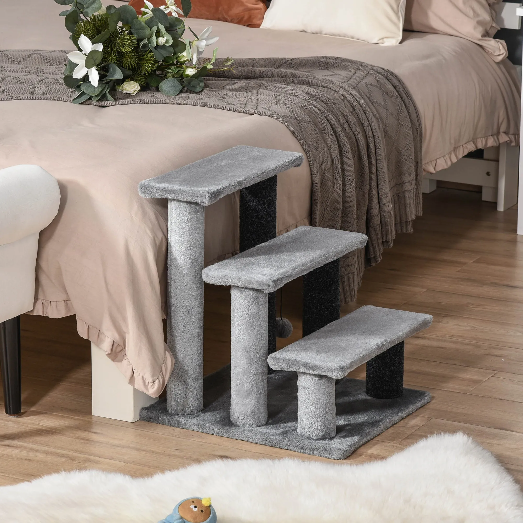 PawHut Pet Stairs with 3-step Stair, Scratching Posts, Platforms, Toy Ball