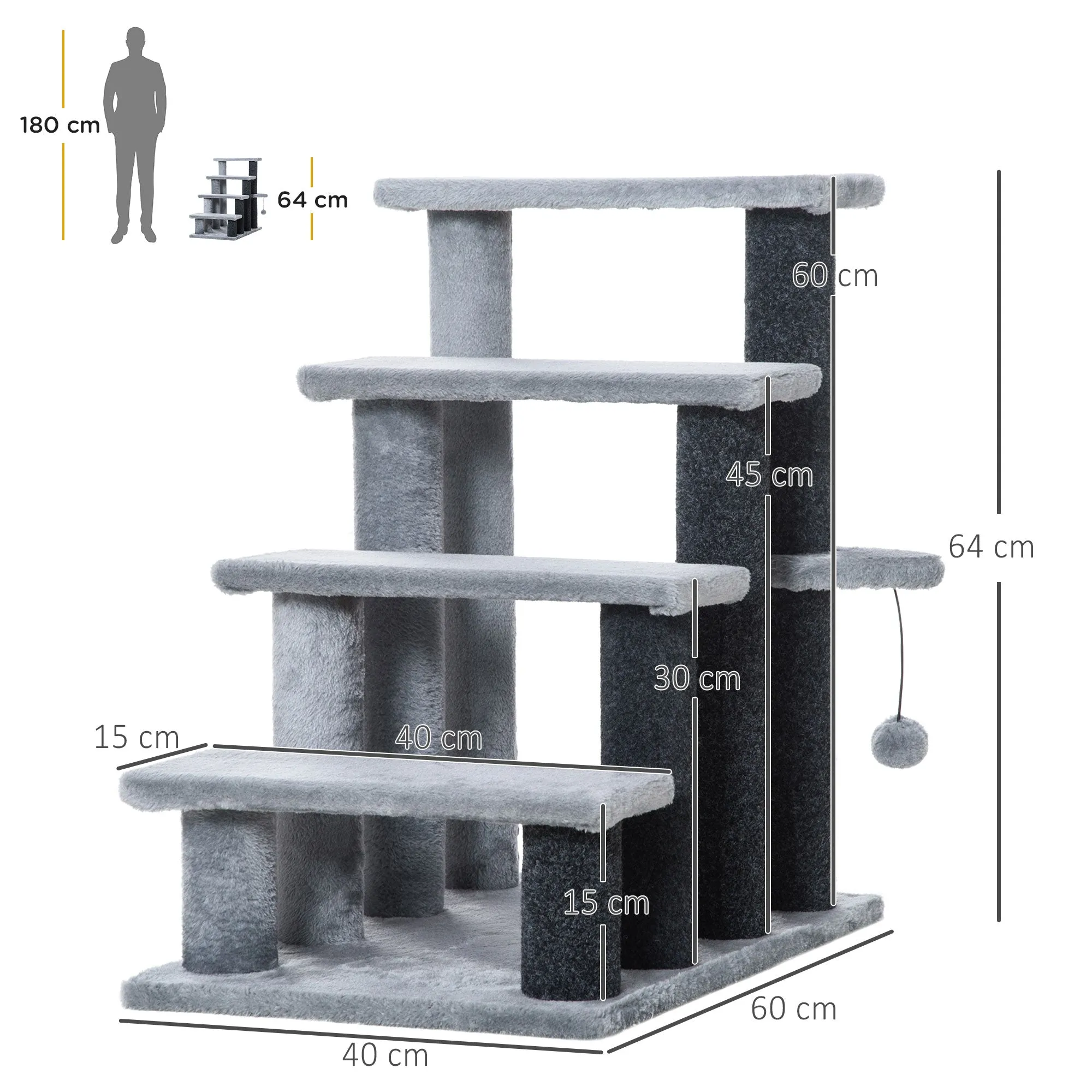 PawHut Pet Stairs with 4-step Stair, Scratching Posts, Platforms, Toy Ball