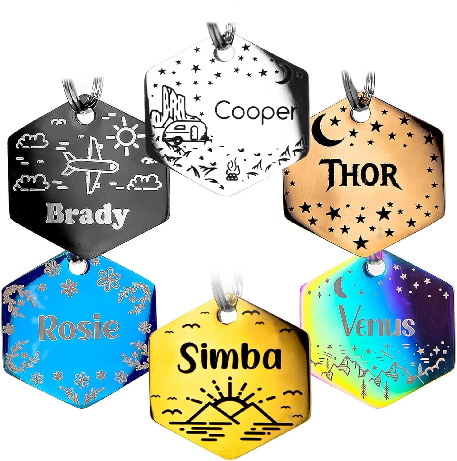 Personalized Dog Tag with 5 Lines of Custom Deep Engraved Durable Stainless Steel Pet ID Name Tag Designer Regular Size Hexagon