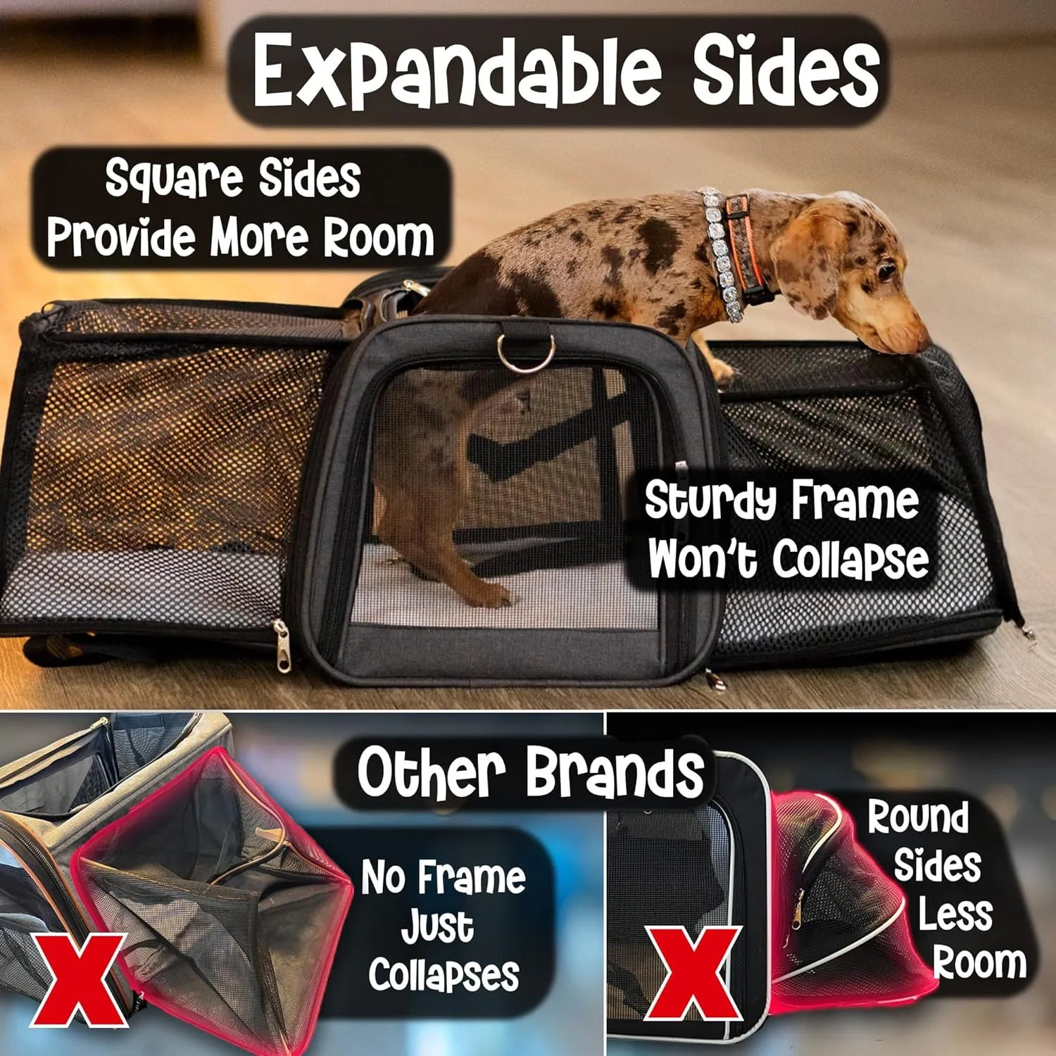 Pet Carrier with Wheels - United Delta American Frontier Airline Approved - Two Expandable Sides, Multiple Storage Pockets Adjustable Leash - Rolling Dog and Cat Carrier TSA Compliant (Grey)