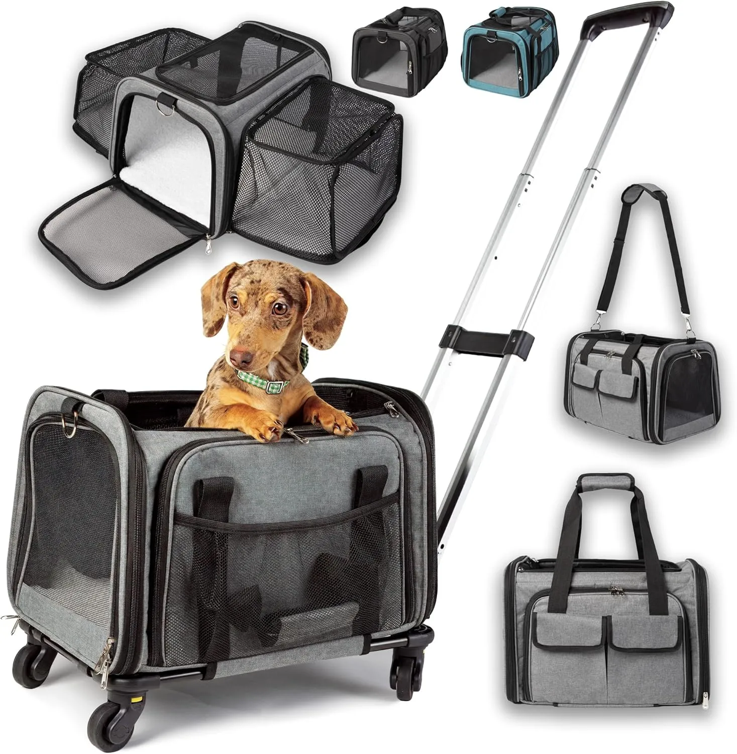 Pet Carrier with Wheels - United Delta American Frontier Airline Approved - Two Expandable Sides, Multiple Storage Pockets Adjustable Leash - Rolling Dog and Cat Carrier TSA Compliant (Grey)