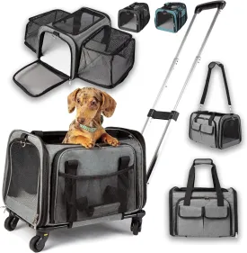 Pet Carrier with Wheels - United Delta American Frontier Airline Approved - Two Expandable Sides, Multiple Storage Pockets Adjustable Leash - Rolling Dog and Cat Carrier TSA Compliant (Grey)