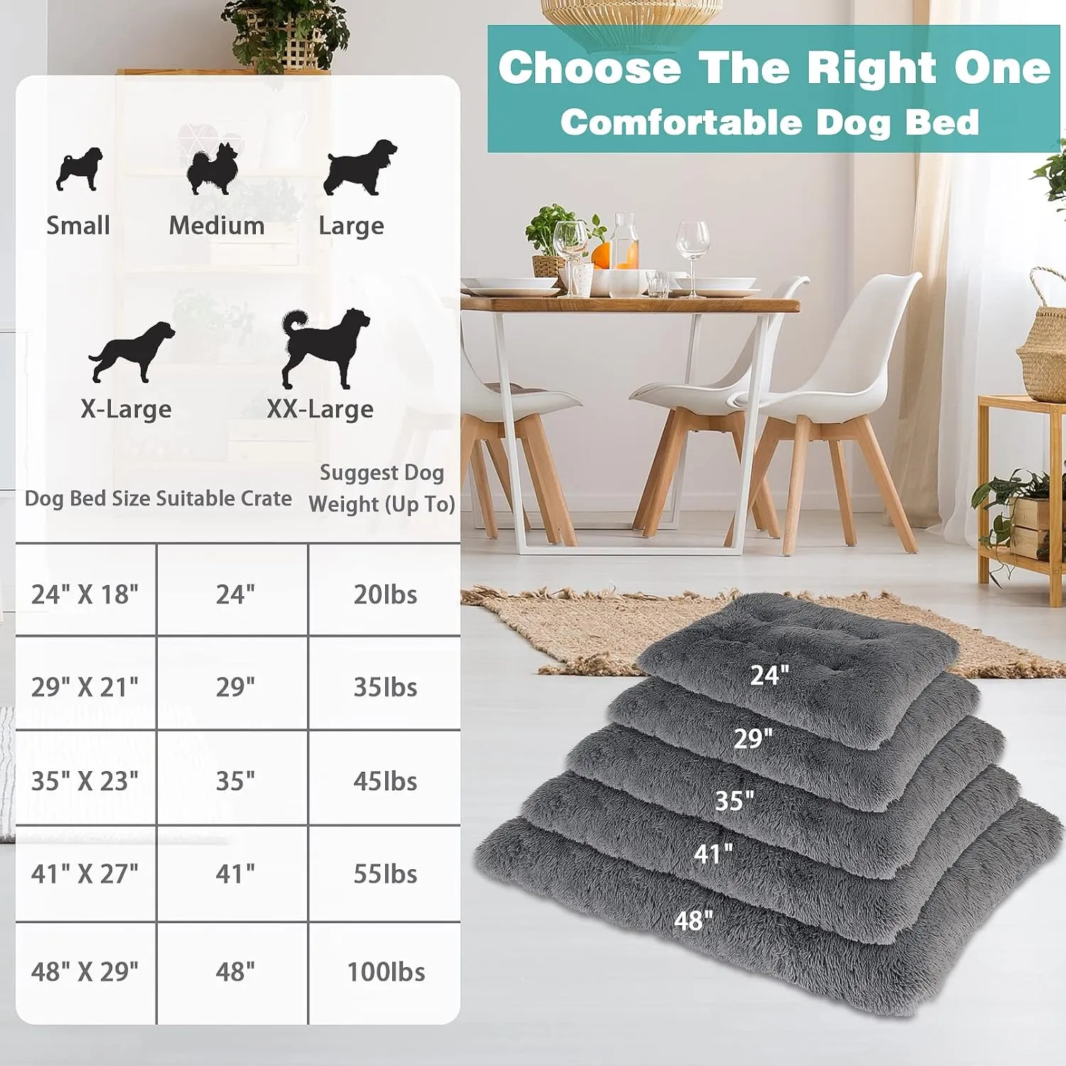 Plush Soft Pet Beds, Dog Crate Pad - Washable Anti-Slip for Large, Medium, Small Dogs & Cats (24" x 18", Grey)