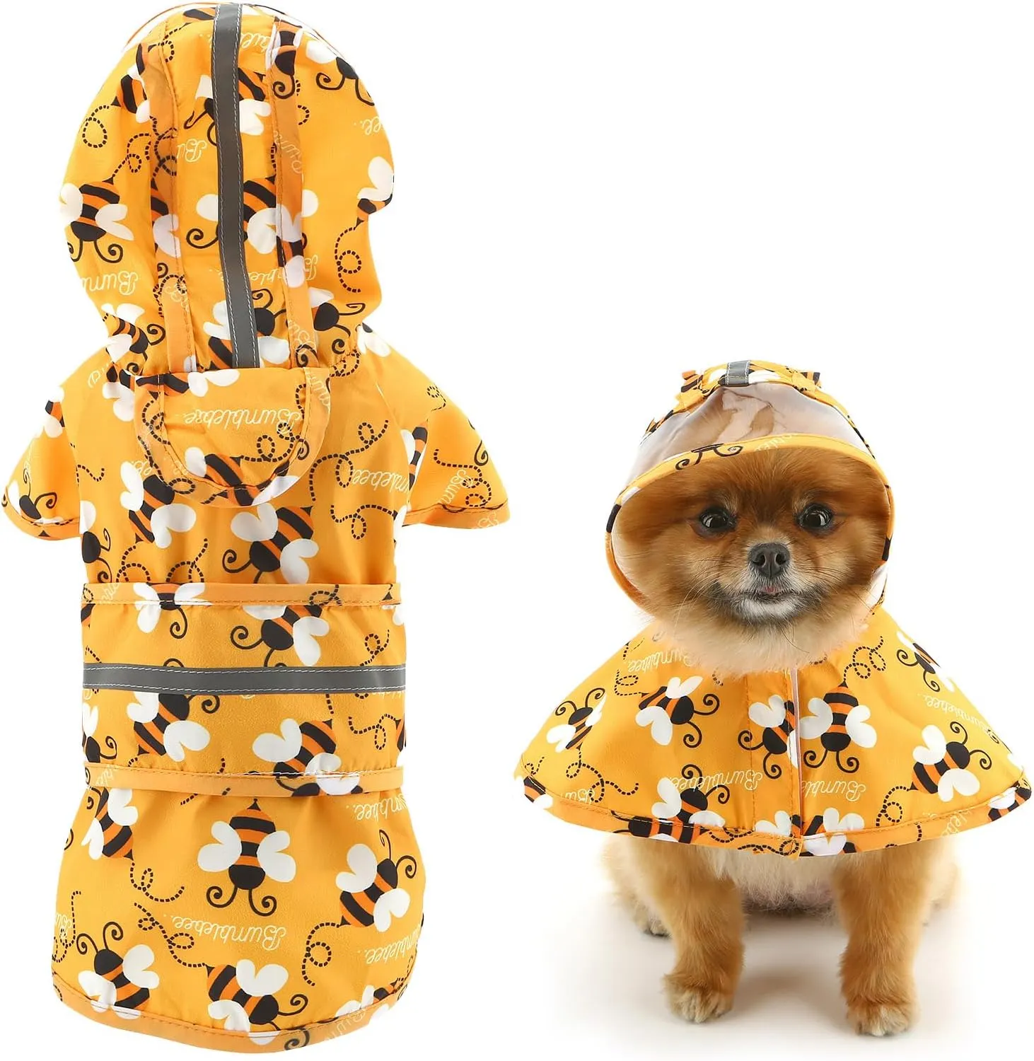 SMALLLEE_LUCKY_STORE Cute Bumble Bee Pattern Dog Raincoat with Clear Hood and Harness Hole Adjustable Waterproof Rain Jacket for Small Medium Large Dogs Boy Girl Reflective Pet Poncho, Orange, L