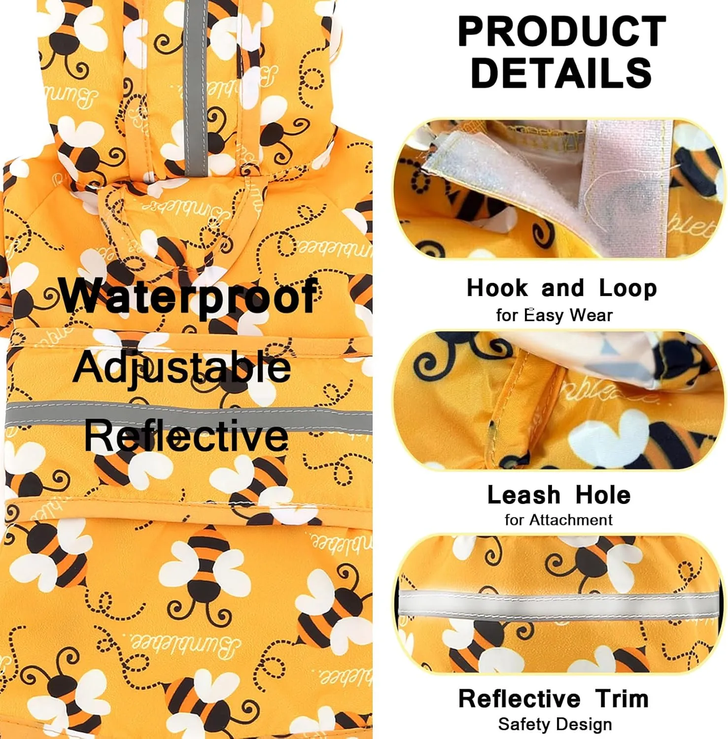 SMALLLEE_LUCKY_STORE Cute Bumble Bee Pattern Dog Raincoat with Clear Hood and Harness Hole Adjustable Waterproof Rain Jacket for Small Medium Large Dogs Boy Girl Reflective Pet Poncho, Orange, L