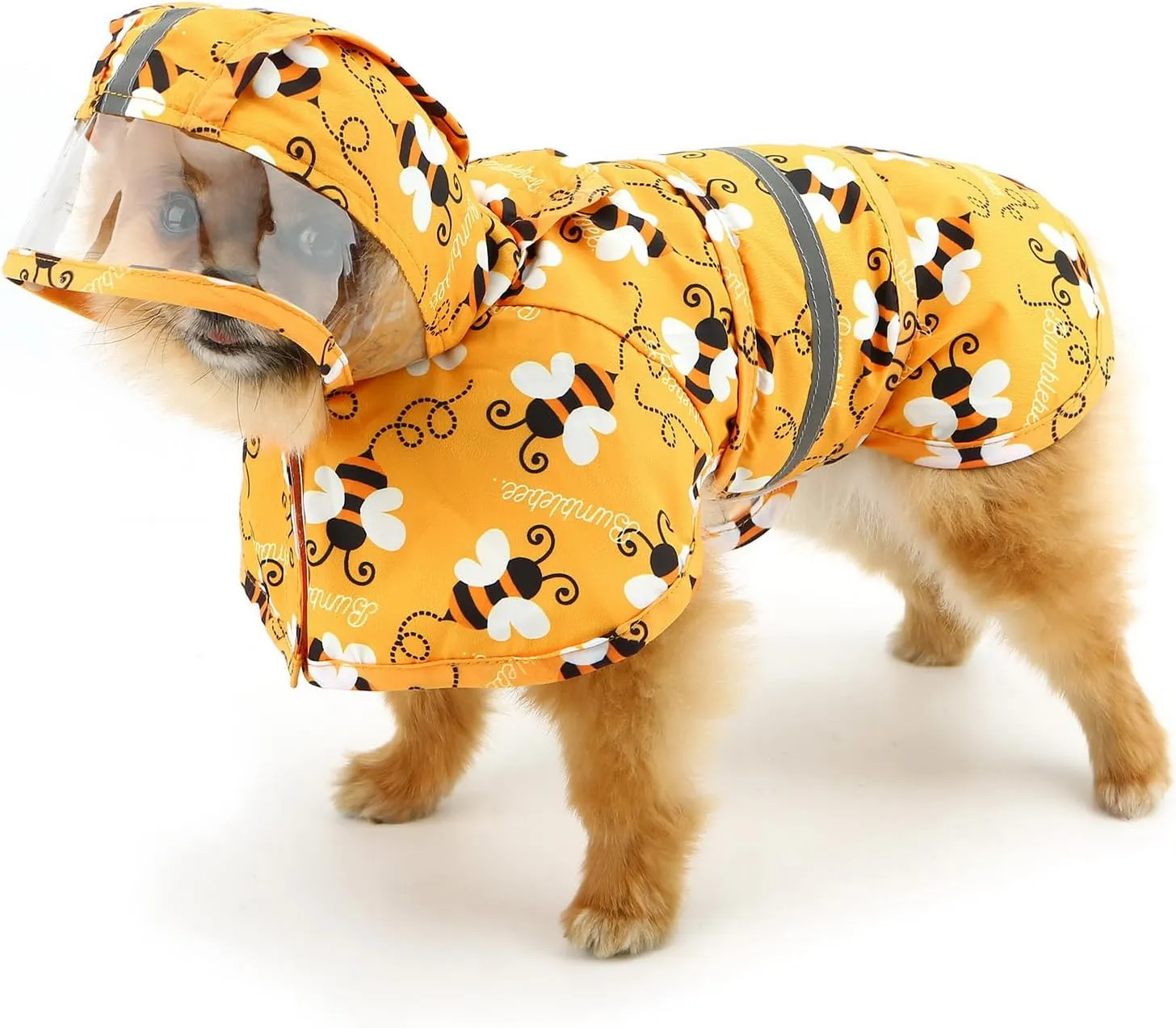 SMALLLEE_LUCKY_STORE Cute Bumble Bee Pattern Dog Raincoat with Clear Hood and Harness Hole Adjustable Waterproof Rain Jacket for Small Medium Large Dogs Boy Girl Reflective Pet Poncho, Orange, L
