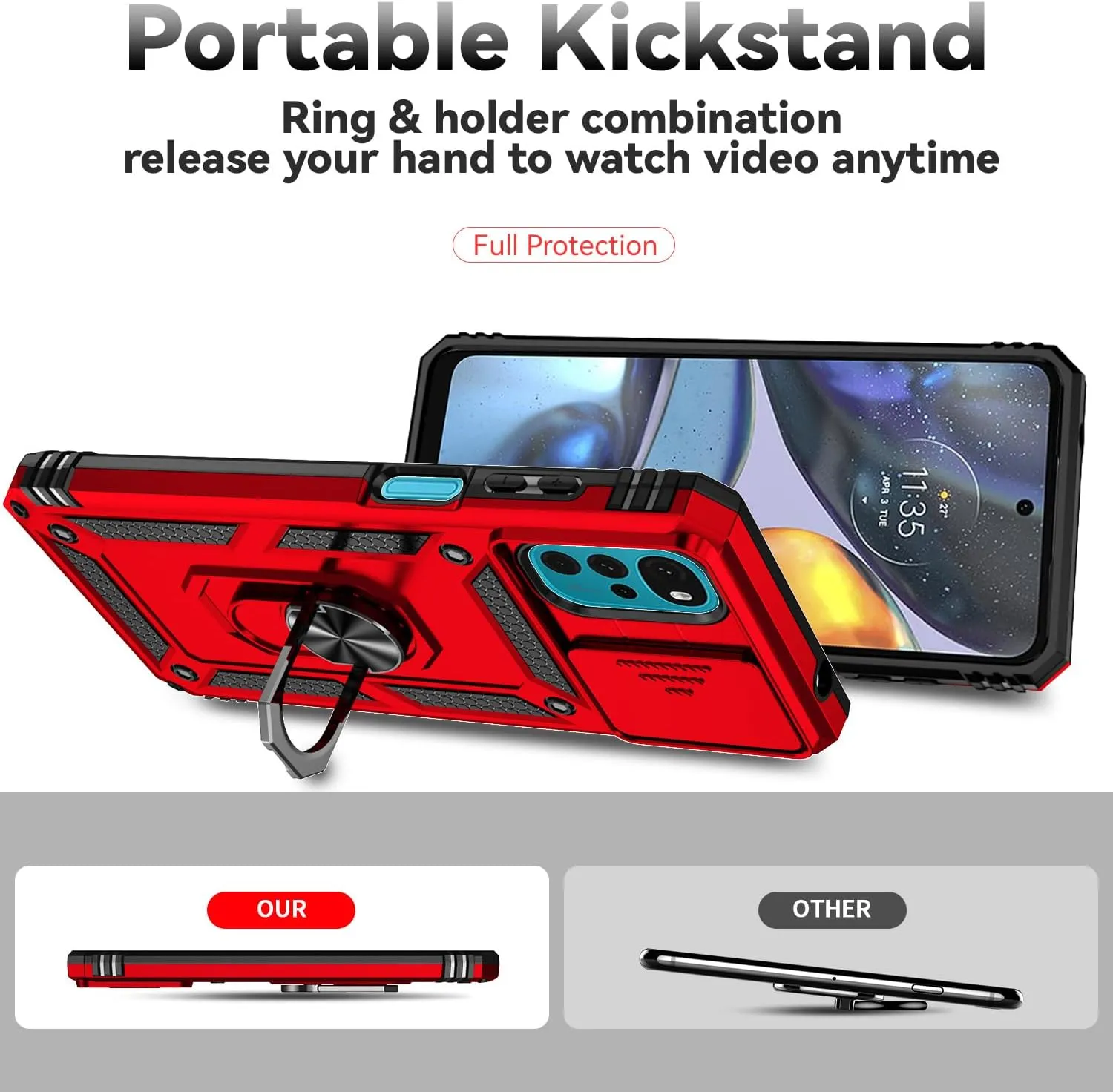 SMKY for Moto G Play 2024 Case,with Screen Protectors and Camera Cover,[Military Grade] 16ft.Drop Tested with Magnetic Kickstand Protective Case for Motorola G Play 4G 2024 6.5 inch, Red