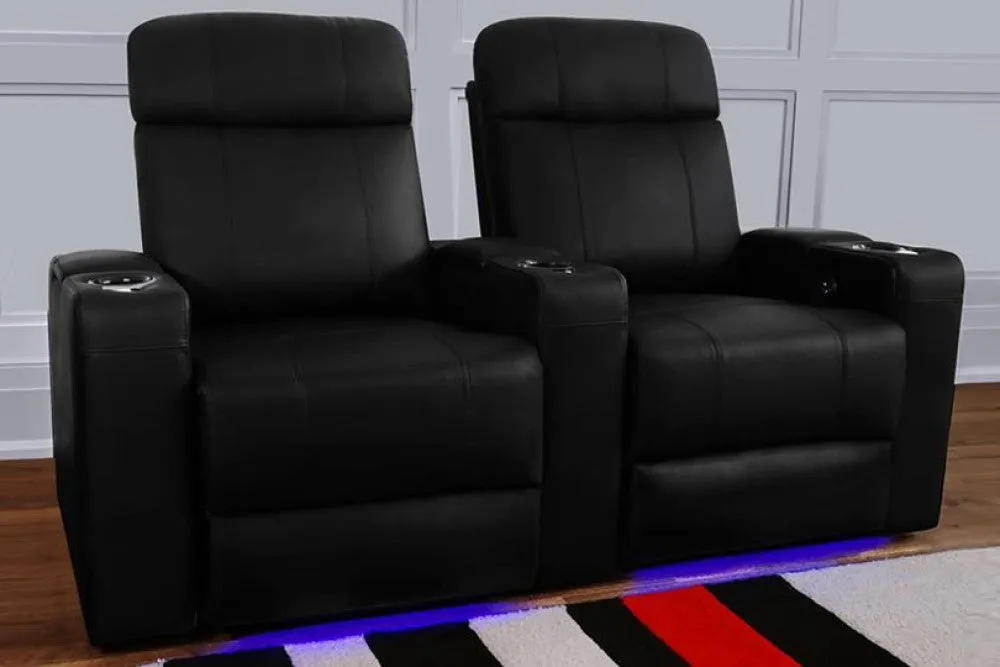 Valencia Piacenza Leather Home Theater Seating Power Headrest Row of 2 Loveseat, Black